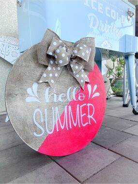 Hello Summer Round Wooden Sign with Burlap Bow - Pink Accent